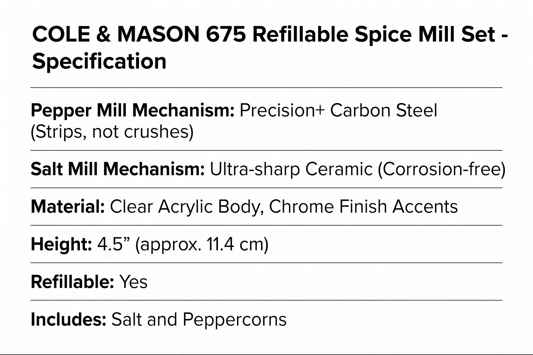 Cole & Mason 675 Refillable Spice Mill - Kitchen & Home Accessory - Salt & Pepper Grinder Set - Salt & Peppercorn Included - Acrylic - Salt & Pepper Set 4.5"