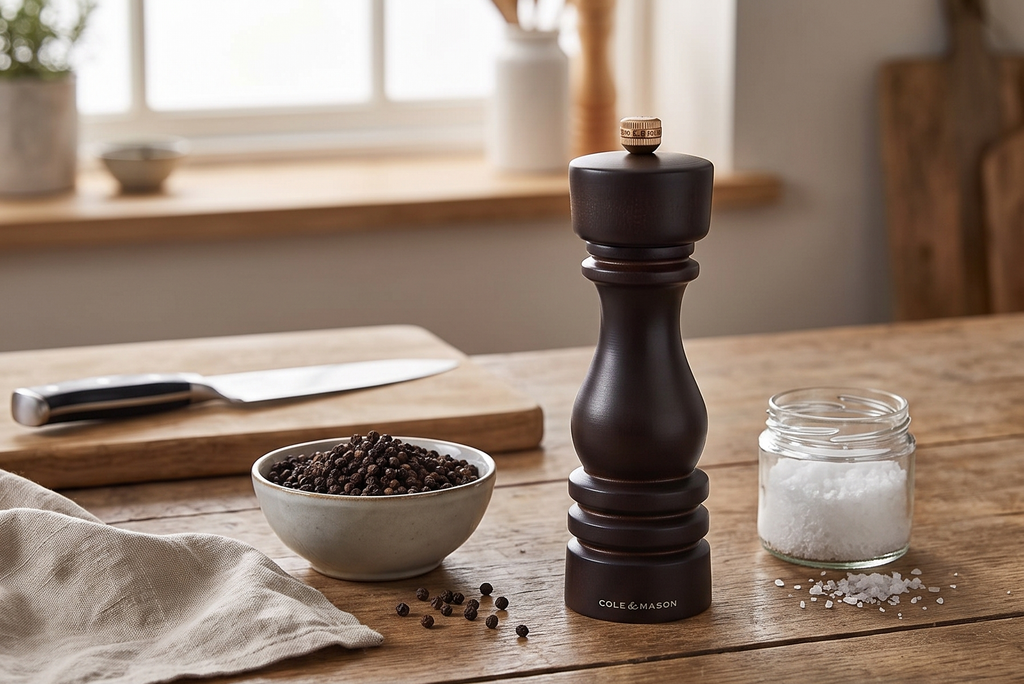 Cole & Mason London Refillable Spice Mill - Kitchen & Home Accessory - Table Black Pepper Grinder - Pepper Mill with Carbon Steel Mechanism - 7", Chocolate Wood