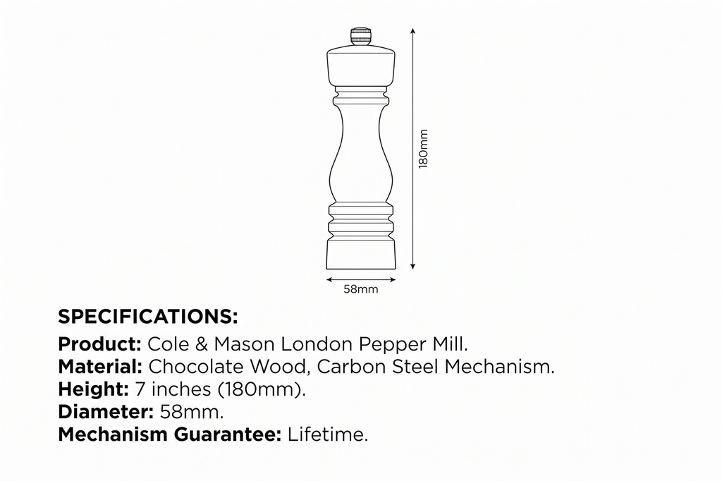 Cole & Mason London Refillable Spice Mill - Kitchen & Home Accessory - Table Black Pepper Grinder - Pepper Mill with Carbon Steel Mechanism - 7", Chocolate Wood