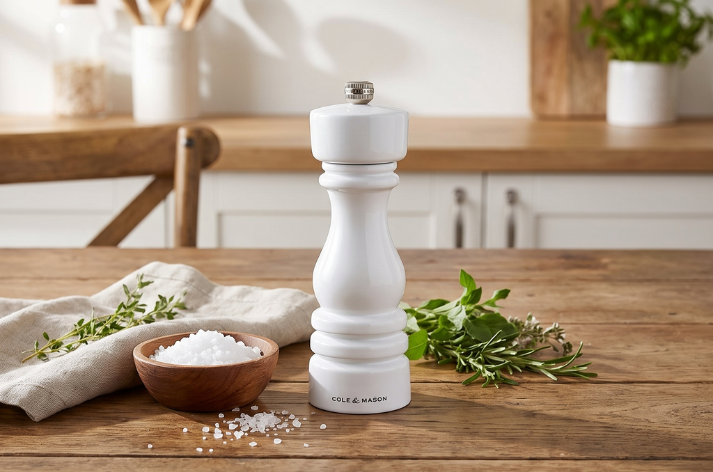 Cole & Mason London Refillable Spice Mill - Kitchen & Home Accessory - Table Salt Grinder - Salt Mill with Ceramic Mechanism - 7", White Gloss