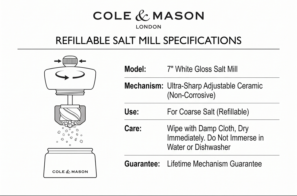 Cole & Mason London Refillable Spice Mill - Kitchen & Home Accessory - Table Salt Grinder - Salt Mill with Ceramic Mechanism - 7", White Gloss