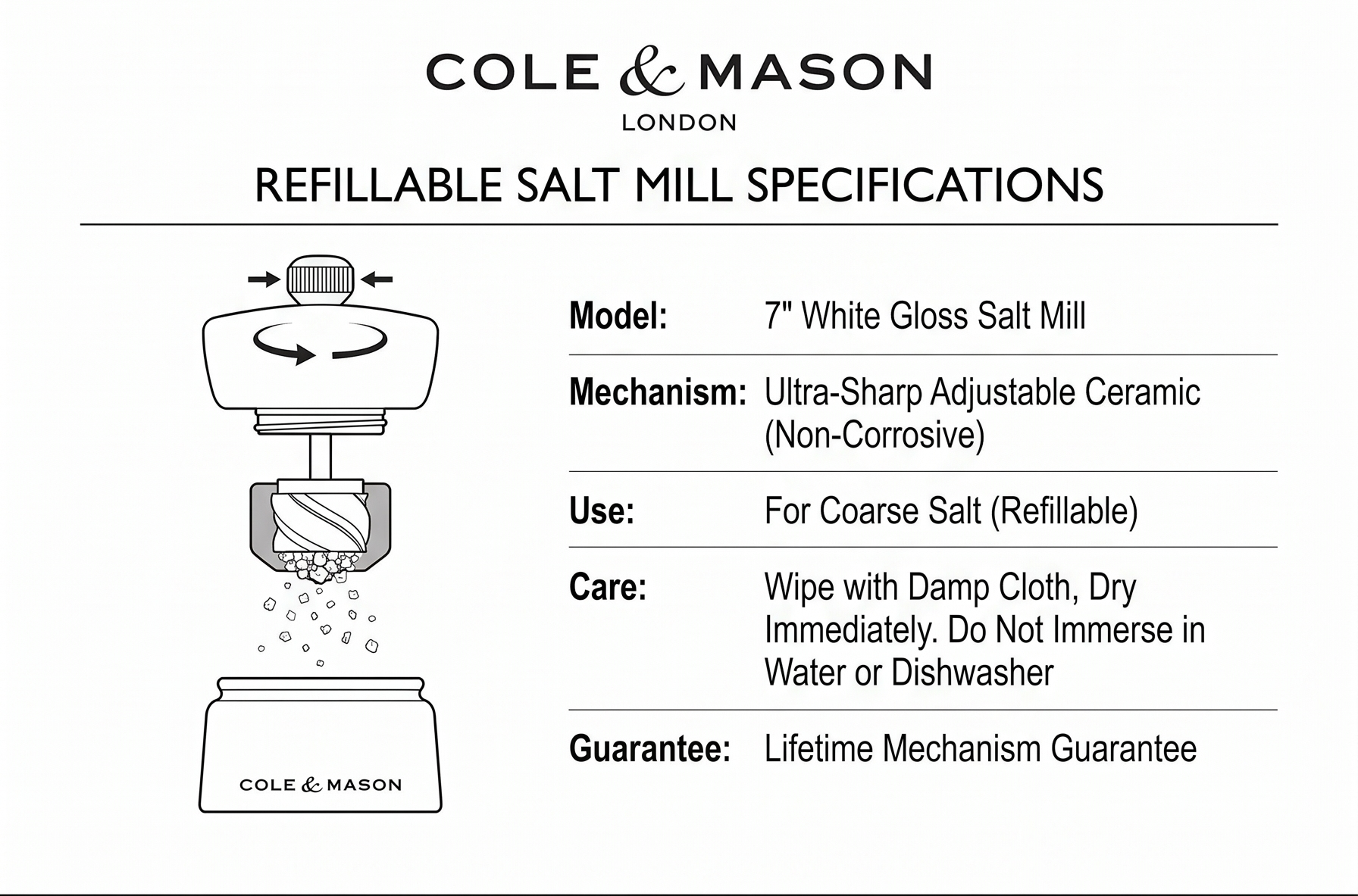 Cole & Mason London Refillable Spice Mill - Kitchen & Home Accessory - Table Salt Grinder - Salt Mill with Ceramic Mechanism - 7", White Gloss