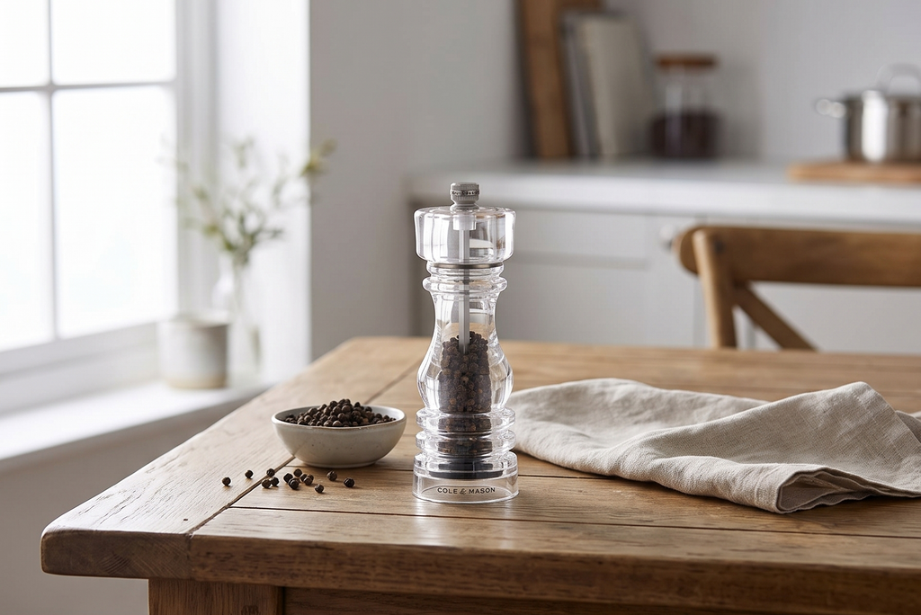 Cole & Mason London Refillable Spice Mill - Kitchen & Home Accessory - Table Black Pepper Grinder - Pepper Mill with Carbon Steel Mechanism - 7", Acrylic