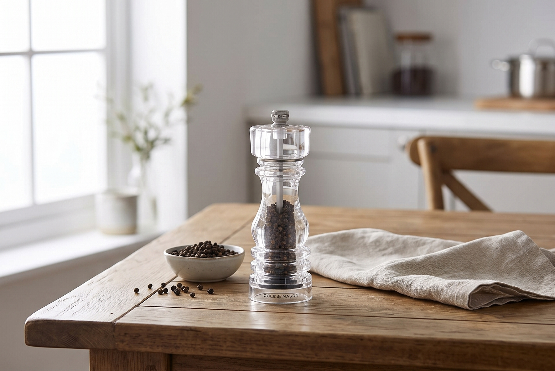 Cole & Mason London Refillable Spice Mill - Kitchen & Home Accessory - Table Black Pepper Grinder - Pepper Mill with Carbon Steel Mechanism - 7", Acrylic