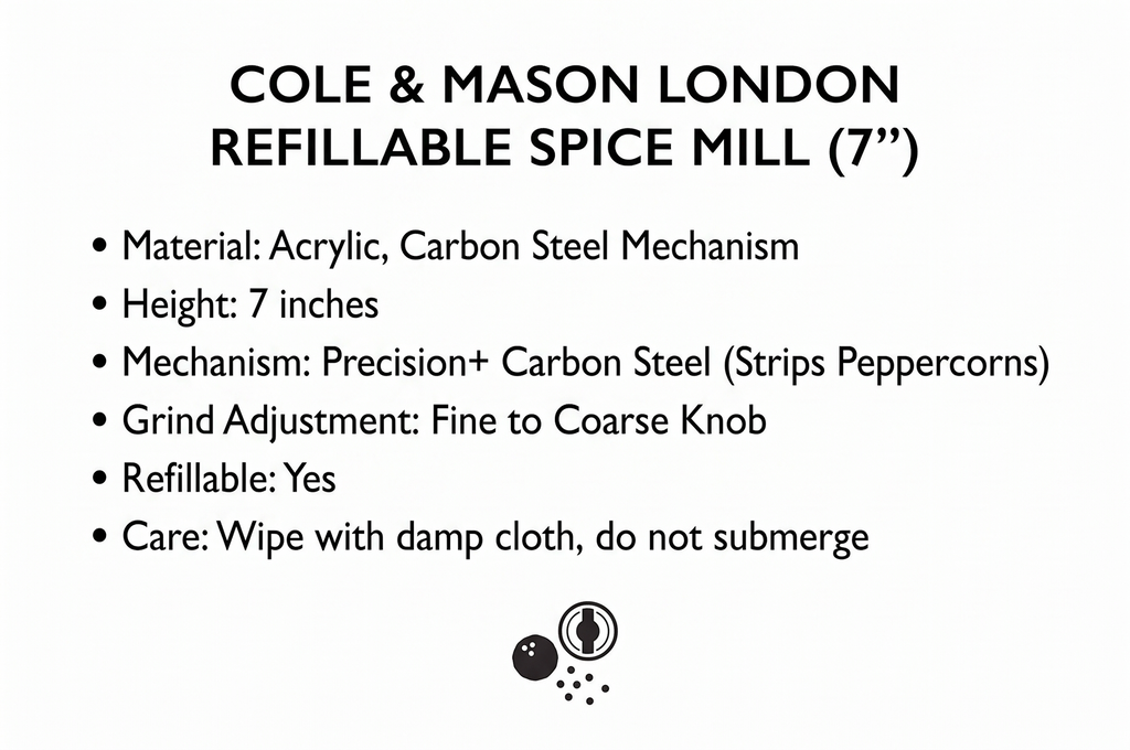 Cole & Mason London Refillable Spice Mill - Kitchen & Home Accessory - Table Black Pepper Grinder - Pepper Mill with Carbon Steel Mechanism - 7", Acrylic