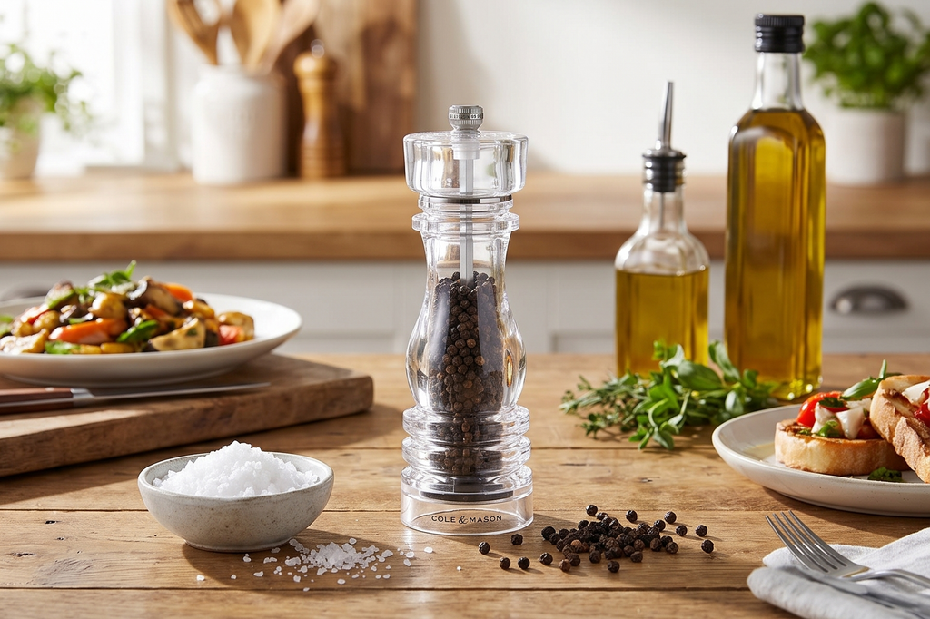Cole & Mason London Refillable Spice Mill - Kitchen & Home Accessory - Table Black Pepper Grinder - Pepper Mill with Carbon Steel Mechanism - 8", Acrylic