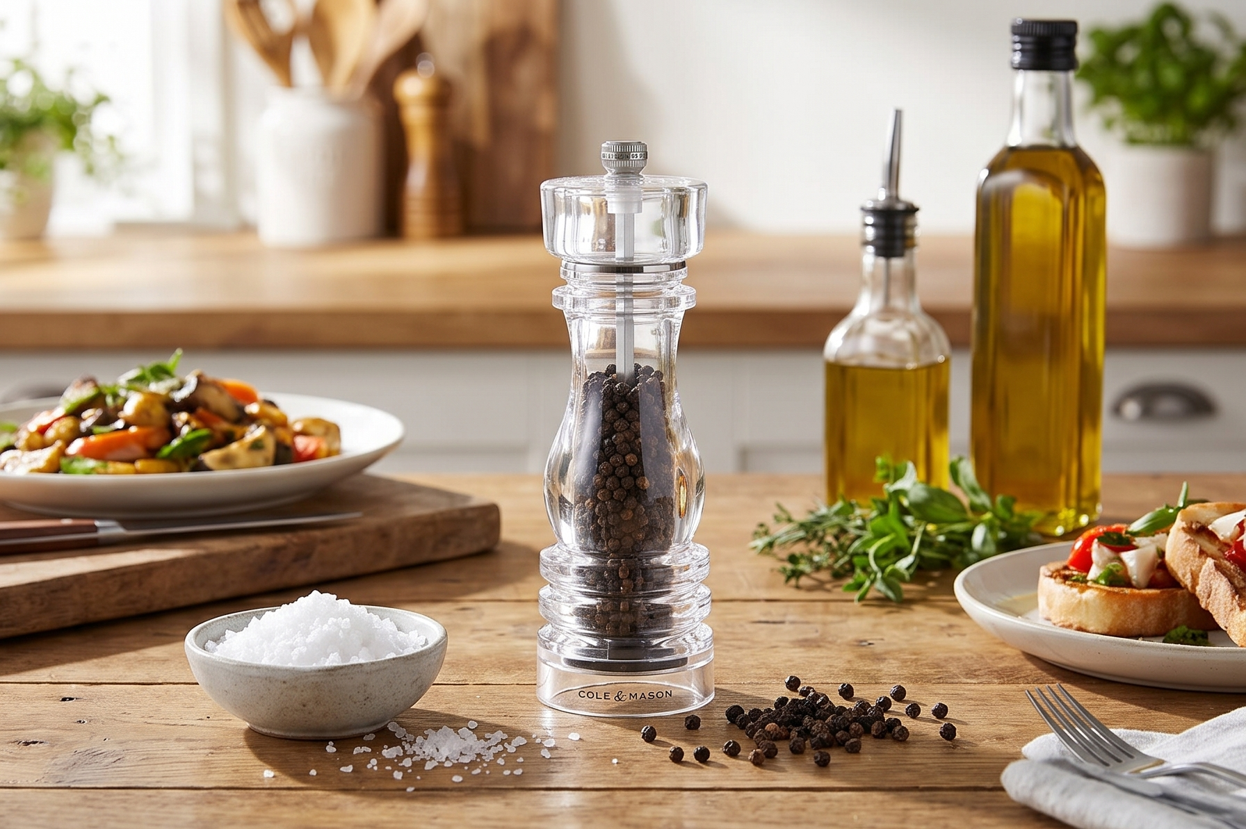 Cole & Mason London Refillable Spice Mill - Kitchen & Home Accessory - Table Black Pepper Grinder - Pepper Mill with Carbon Steel Mechanism - 8", Acrylic