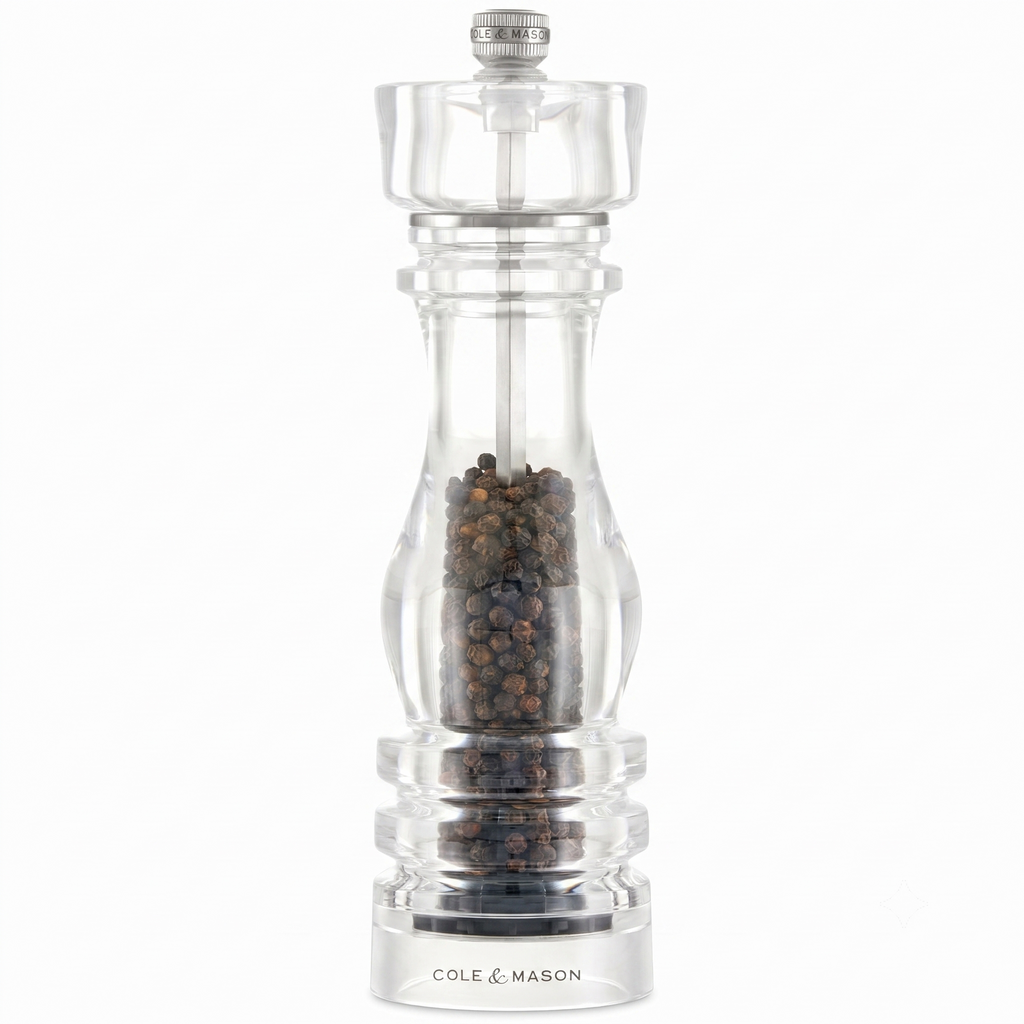 Cole & Mason London Refillable Spice Mill - Kitchen & Home Accessory - Table Black Pepper Grinder - Pepper Mill with Carbon Steel Mechanism - 8", Acrylic
