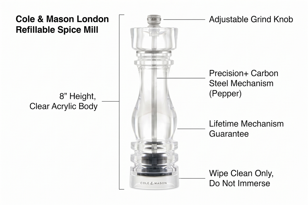Cole & Mason London Refillable Spice Mill - Kitchen & Home Accessory - Table Black Pepper Grinder - Pepper Mill with Carbon Steel Mechanism - 8", Acrylic
