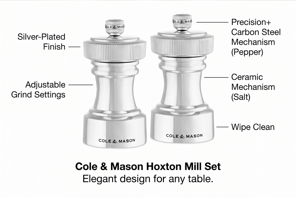 Cole & Mason Hoxton Mill - Table Salt Grinder & Pepper Grinder with Precision+ Grinder - Kitchen & Home Accessory - Silver Plated