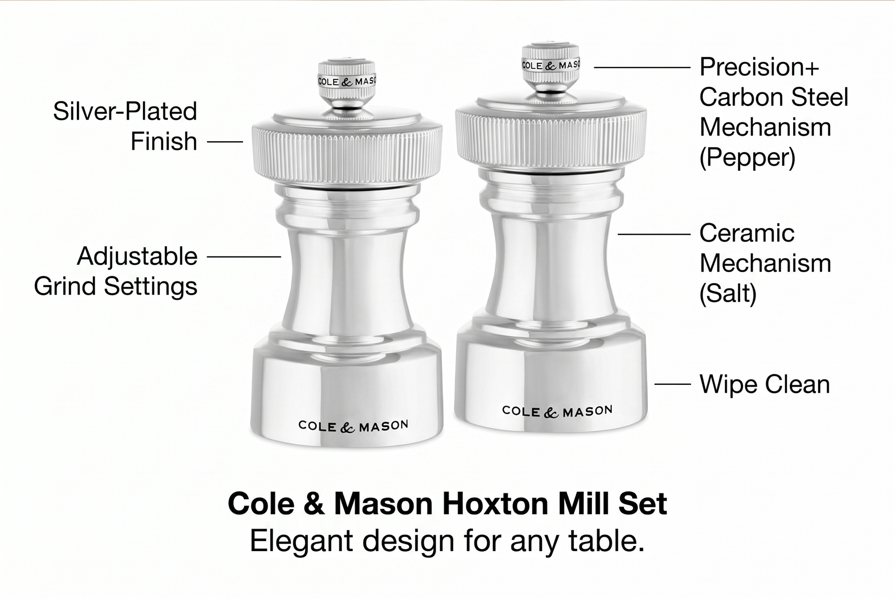 Cole & Mason Hoxton Mill - Table Salt Grinder & Pepper Grinder with Precision+ Grinder - Kitchen & Home Accessory - Silver Plated