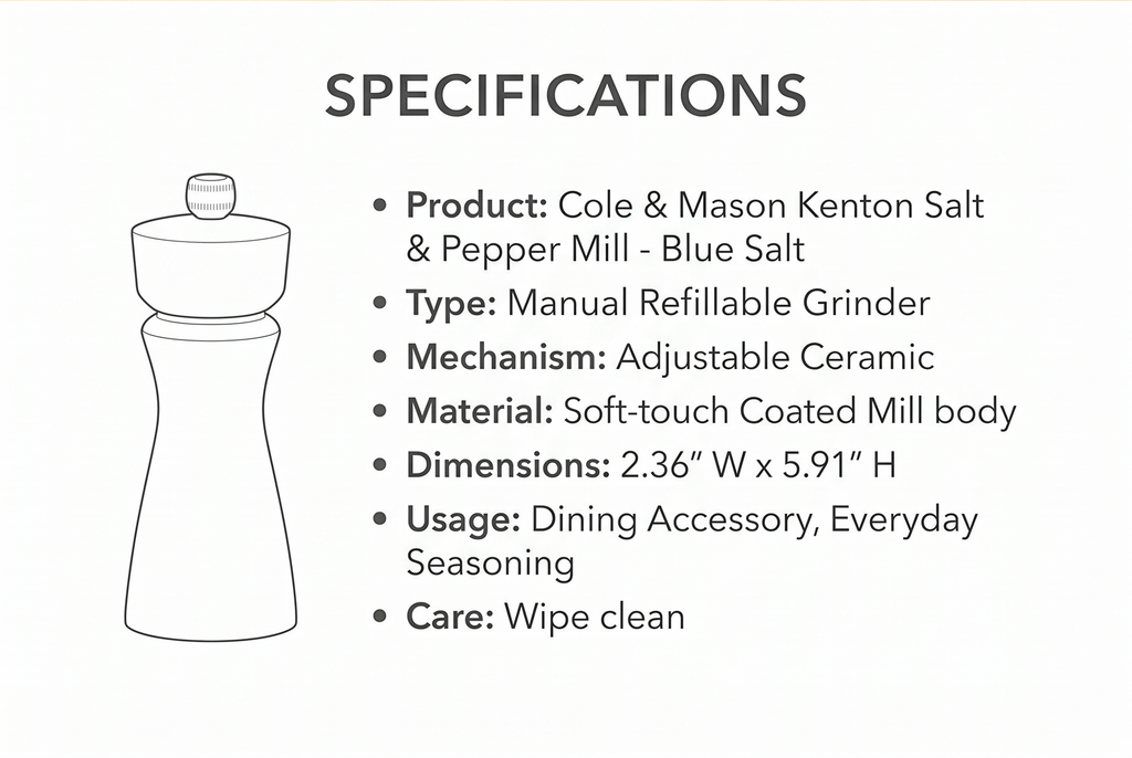 Cole & Mason Kenton Salt and Pepper Mill - Manual Refillable Grinder with Adjustable Ceramic Mechanism - Dining Accessory for Seasoning - Kitchen Tool for Everyday Use - 6 Inch, Blue Salt