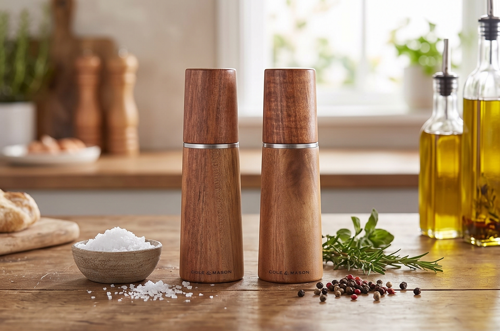 Cole & Mason Marlow Wood Mill Set - Balanced Salt and Pepper Grinders - Refillable Spice Tools - Adjustable Salt and Peppercorn Grinder Settings - Acacia Wood