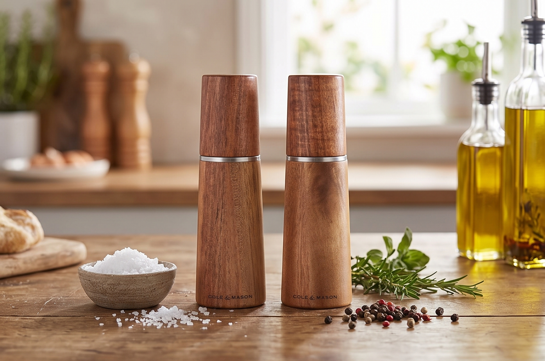 Cole & Mason Marlow Wood Mill Set - Balanced Salt and Pepper Grinders - Refillable Spice Tools - Adjustable Salt and Peppercorn Grinder Settings - Acacia Wood