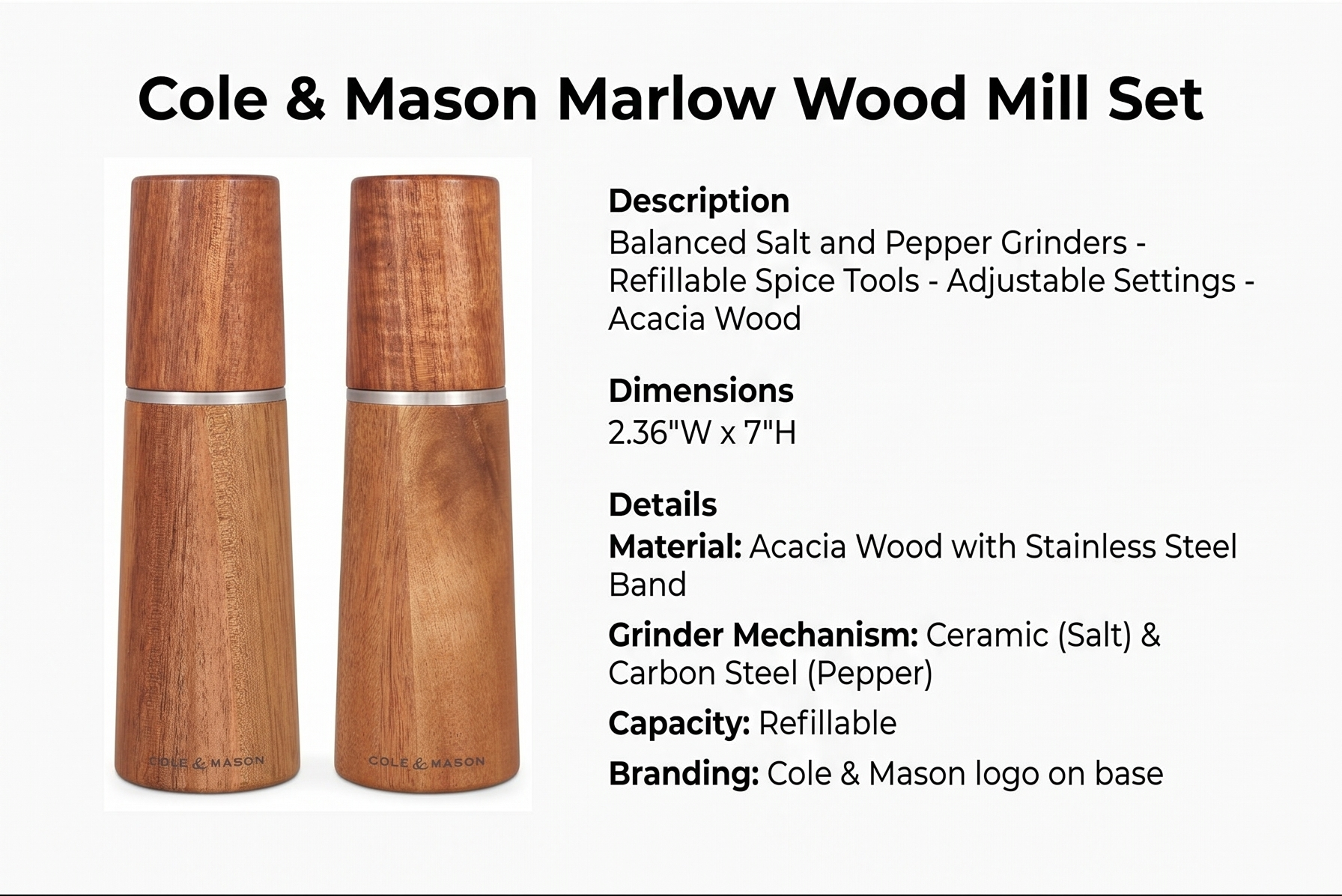Cole & Mason Marlow Wood Mill Set - Balanced Salt and Pepper Grinders - Refillable Spice Tools - Adjustable Salt and Peppercorn Grinder Settings - Acacia Wood