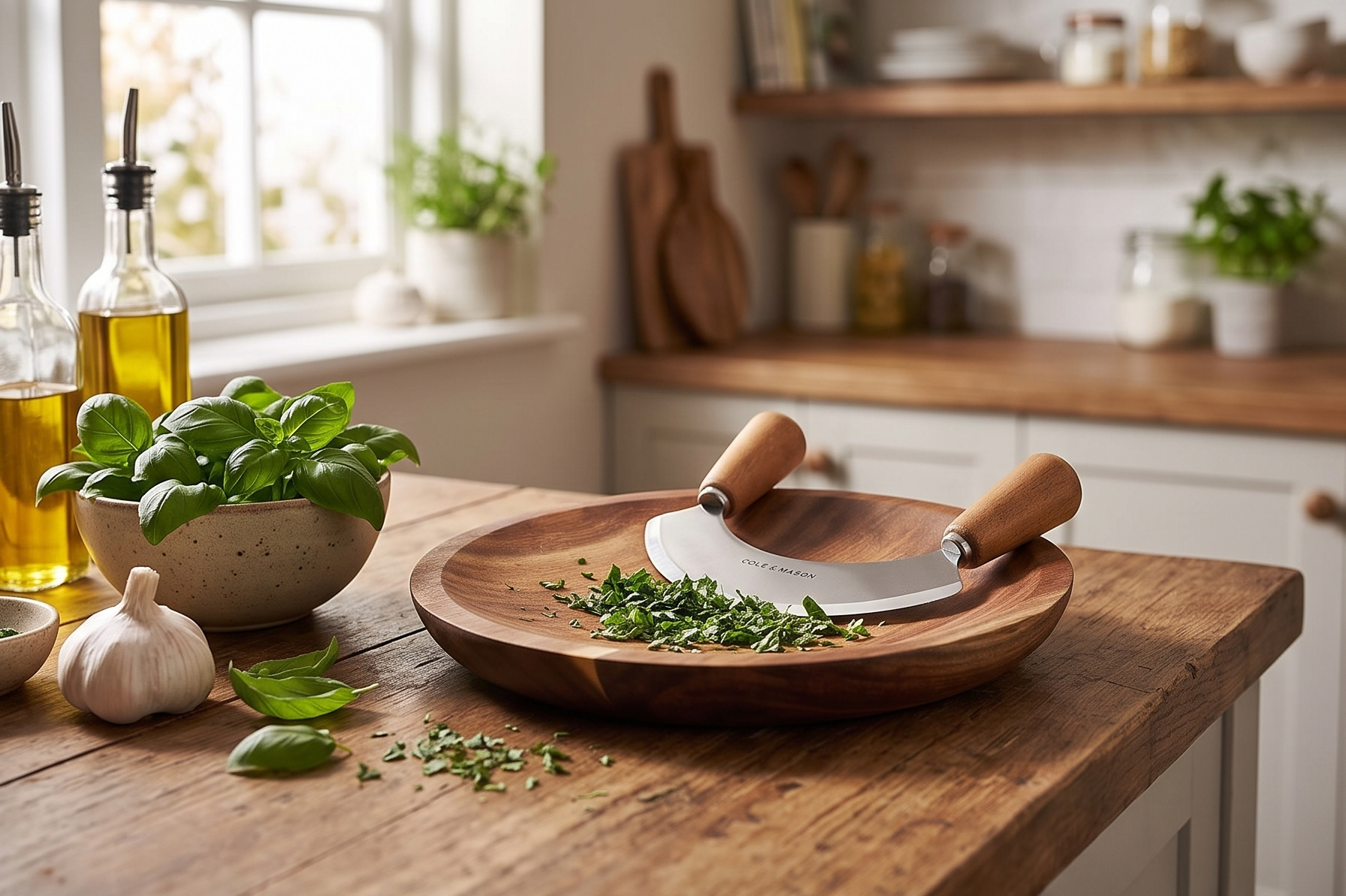 Cole & Mason Acacia Wood Board for Kitchen Essentials - Easy-to-Clean - Sturdy & Well-Crafted - Ashden Herb Mezzaluna with Acacia Chopping Board