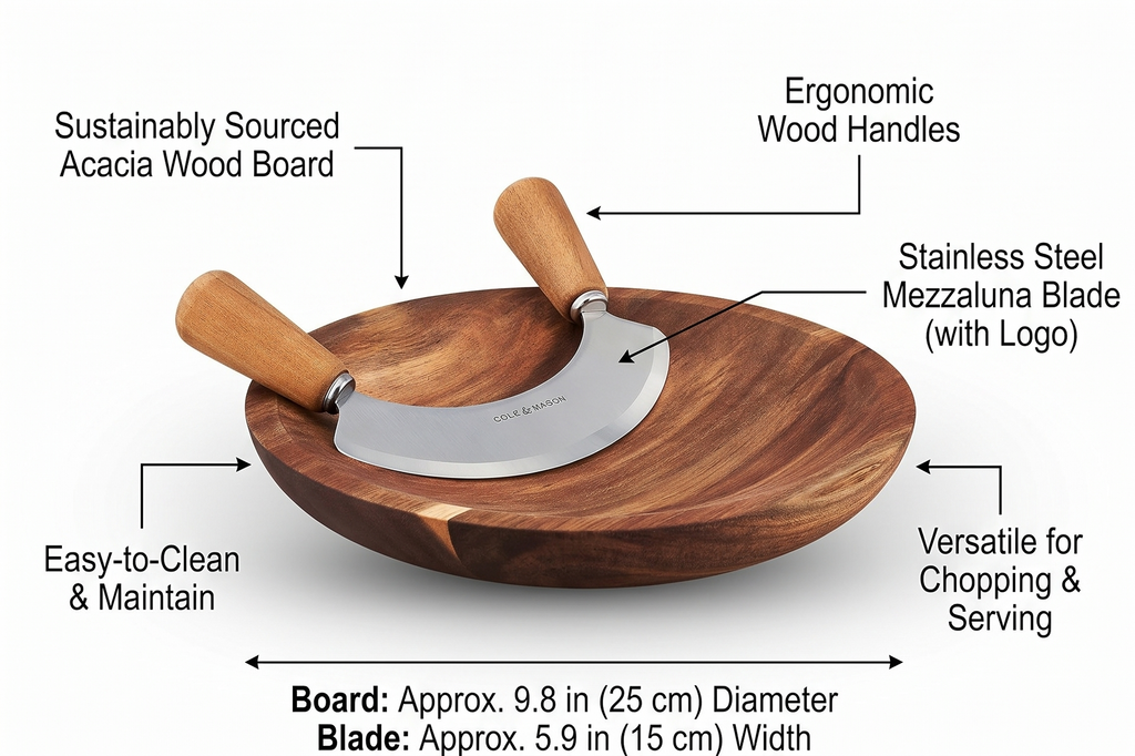 Cole & Mason Acacia Wood Board for Kitchen Essentials - Easy-to-Clean - Sturdy & Well-Crafted - Ashden Herb Mezzaluna with Acacia Chopping Board
