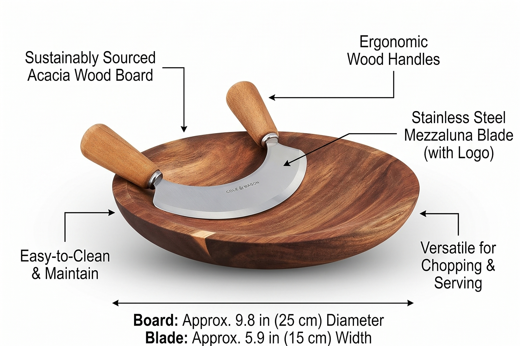 Cole & Mason Acacia Wood Board for Kitchen Essentials - Easy-to-Clean - Sturdy & Well-Crafted - Ashden Herb Mezzaluna with Acacia Chopping Board