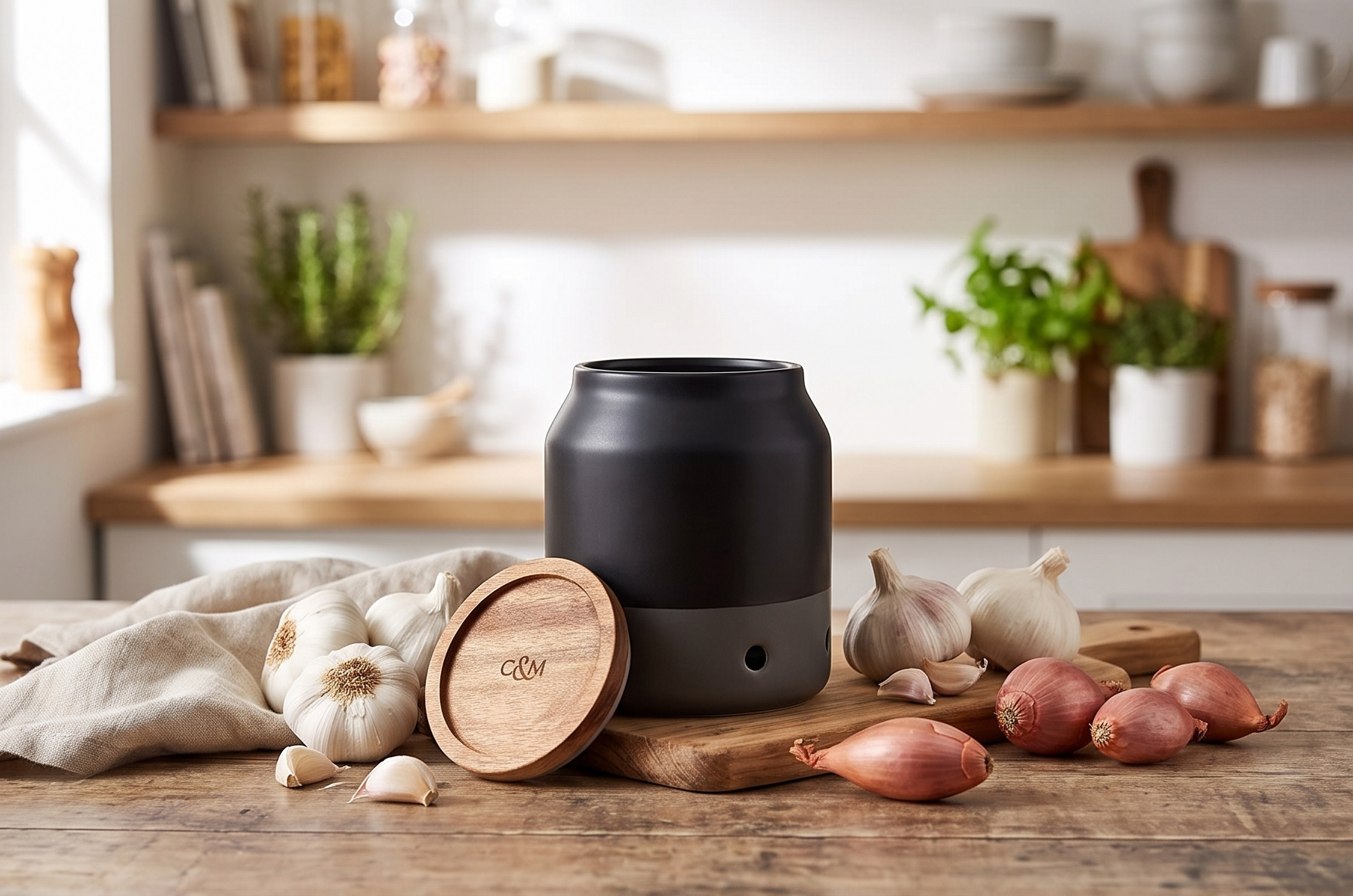 Cole & Mason Elmdon Ceramic Garlic Keeper - Garlic Storage Jar - Ventilation Holes for Air Circulation - Stylish Kitchen Storage with Rustic Acacia Wood Lid - Perfect for Shallots & Small Onions