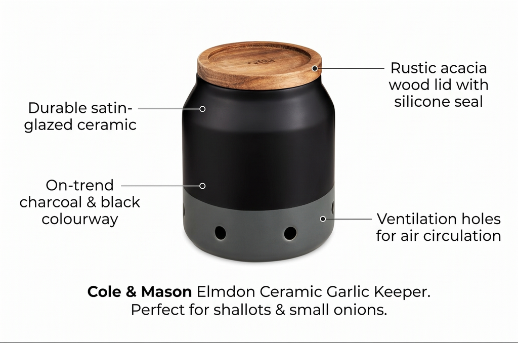 Cole & Mason Elmdon Ceramic Garlic Keeper - Garlic Storage Jar - Ventilation Holes for Air Circulation - Stylish Kitchen Storage with Rustic Acacia Wood Lid - Perfect for Shallots & Small Onions