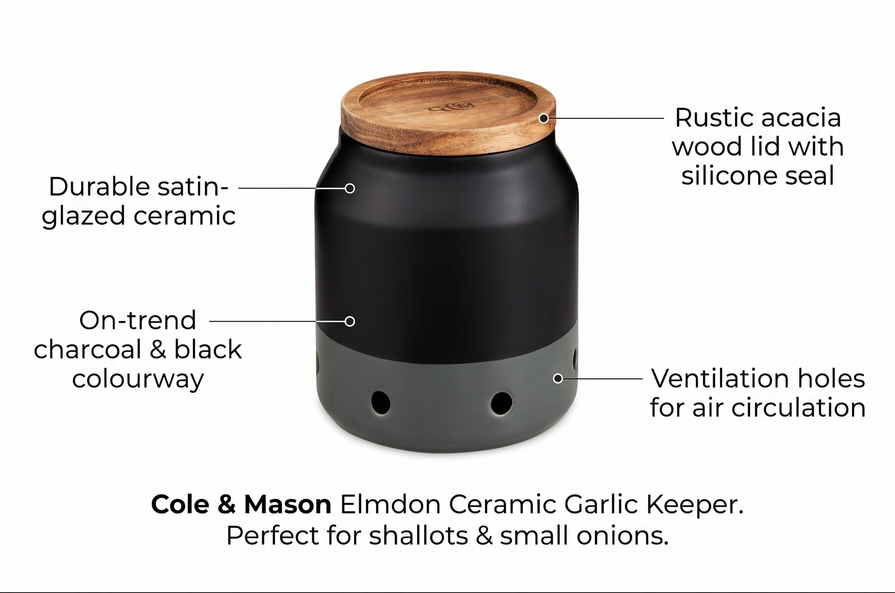 Cole & Mason Elmdon Ceramic Garlic Keeper - Garlic Storage Jar - Ventilation Holes for Air Circulation - Stylish Kitchen Storage with Rustic Acacia Wood Lid - Perfect for Shallots & Small Onions