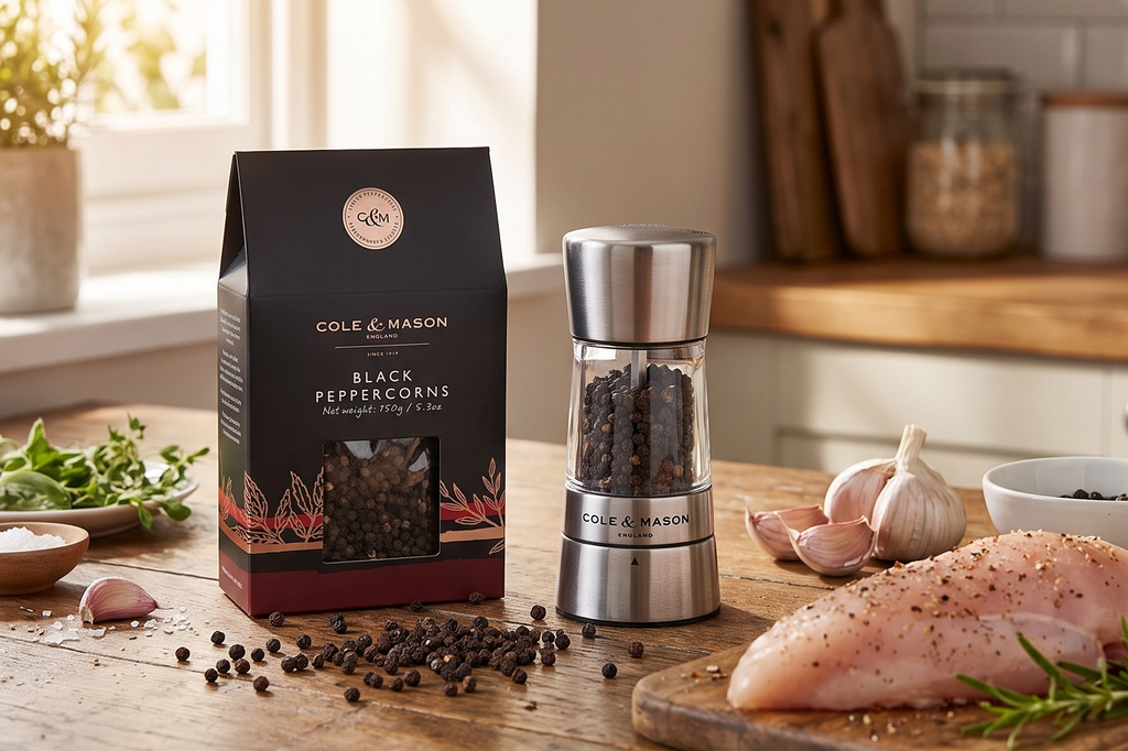 Cole & Mason Gourmet Spice Refill Box - Pairs Well with Chicken, Beef, Pork and More - Peppercorn for Pepper Mill Grinder - Black Pepper 5.3 oz Box