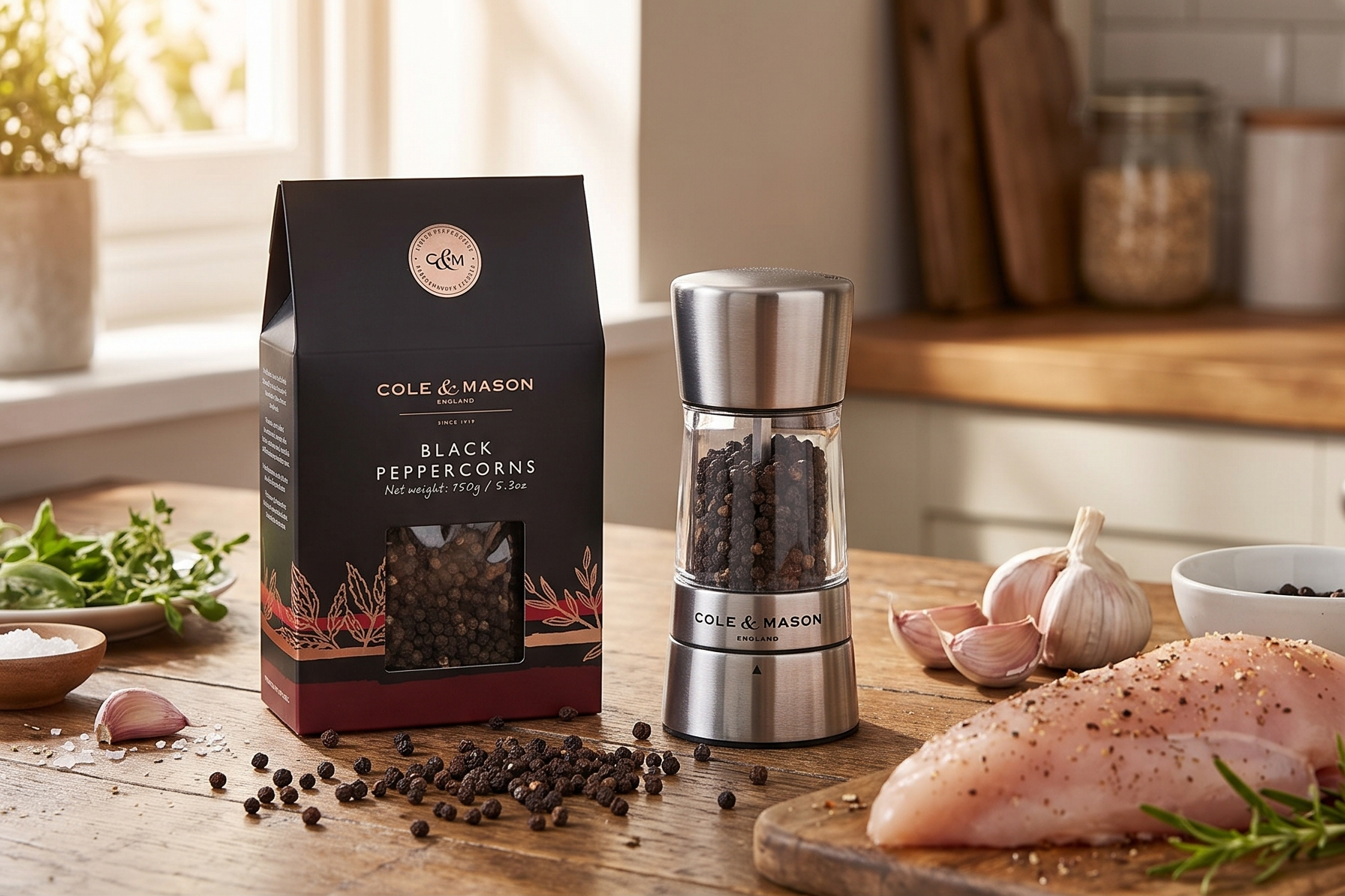 Cole & Mason Gourmet Spice Refill Box - Pairs Well with Chicken, Beef, Pork and More - Peppercorn for Pepper Mill Grinder - Black Pepper 5.3 oz Box