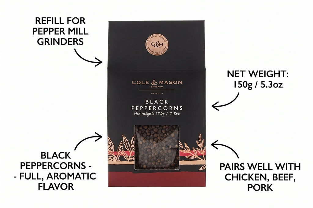 Cole & Mason Gourmet Spice Refill Box - Pairs Well with Chicken, Beef, Pork and More - Peppercorn for Pepper Mill Grinder - Black Pepper 5.3 oz Box