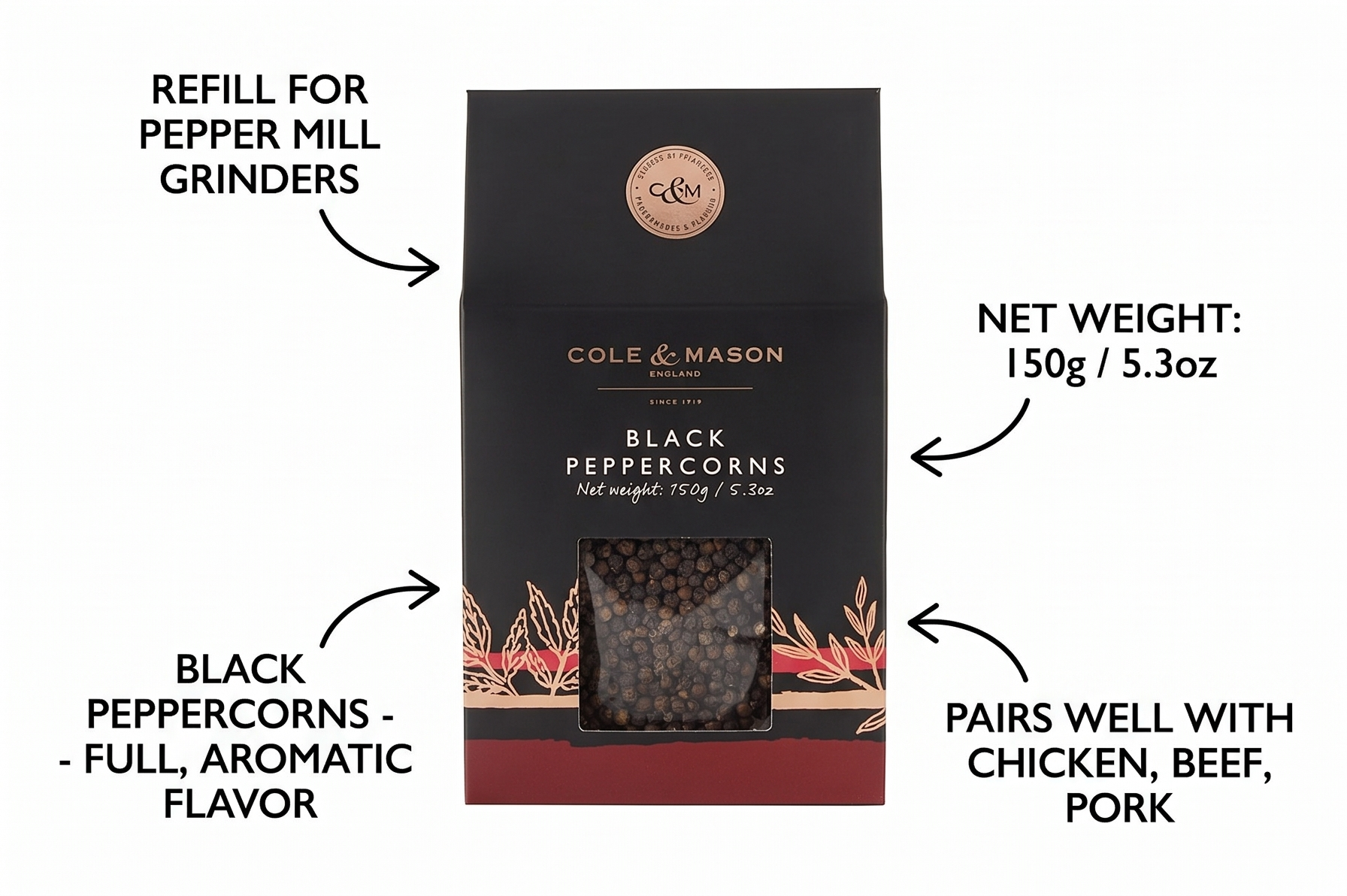 Cole & Mason Gourmet Spice Refill Box - Pairs Well with Chicken, Beef, Pork and More - Peppercorn for Pepper Mill Grinder - Black Pepper 5.3 oz Box