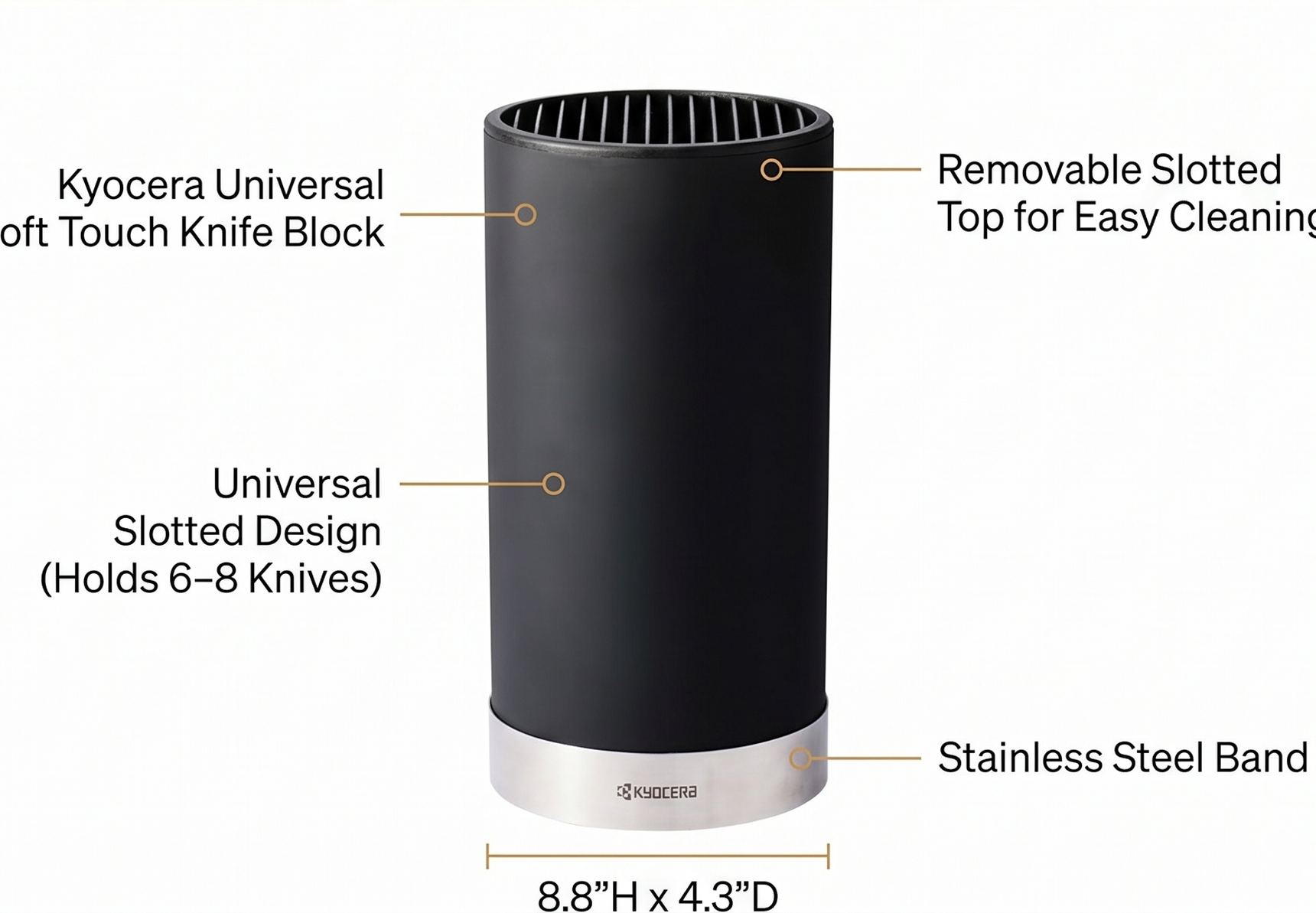 Kyocera KB-U-BK Universal Round Soft Touch Knife Block, 8.8" x 4.3", Black