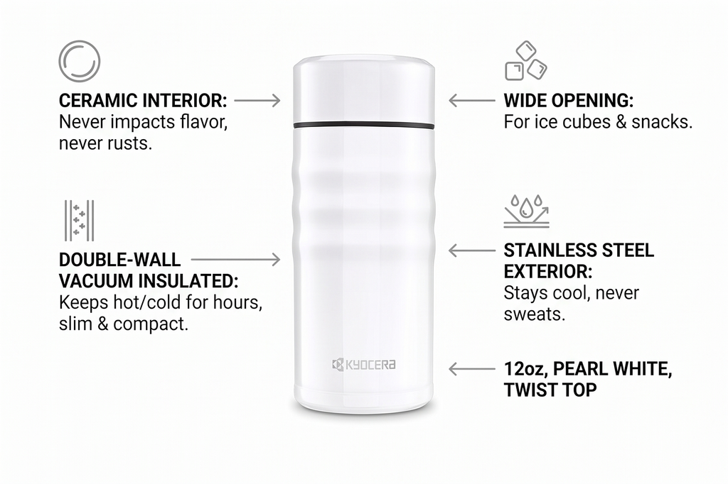 Kyocera Travel Mug with Twist Top, 12oz, Pearl White