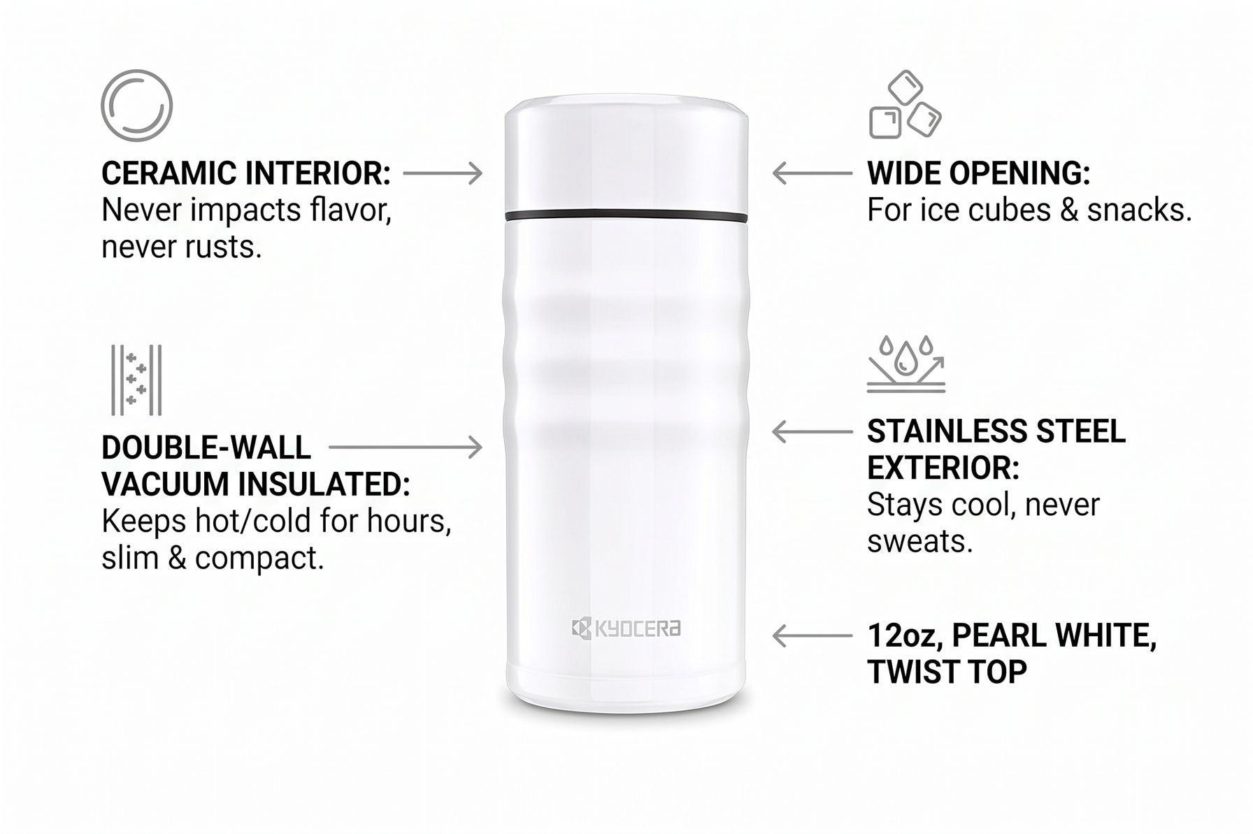 Kyocera Travel Mug with Twist Top, 12oz, Pearl White