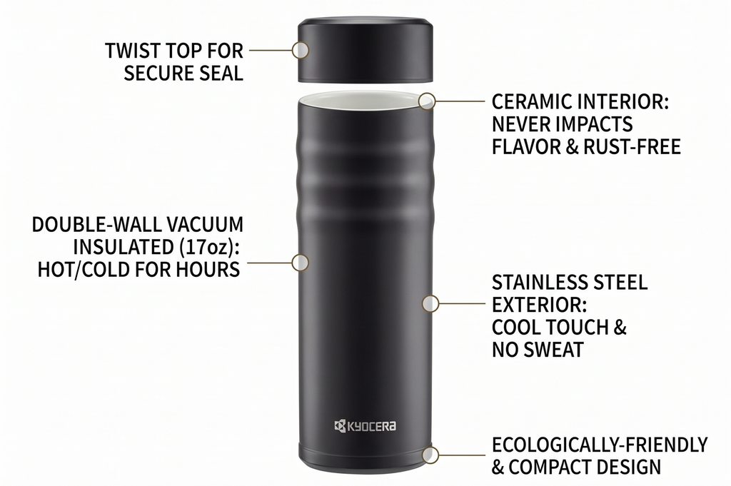 Kyocera Travel Mug with Twist Top, 17oz, Jet Black