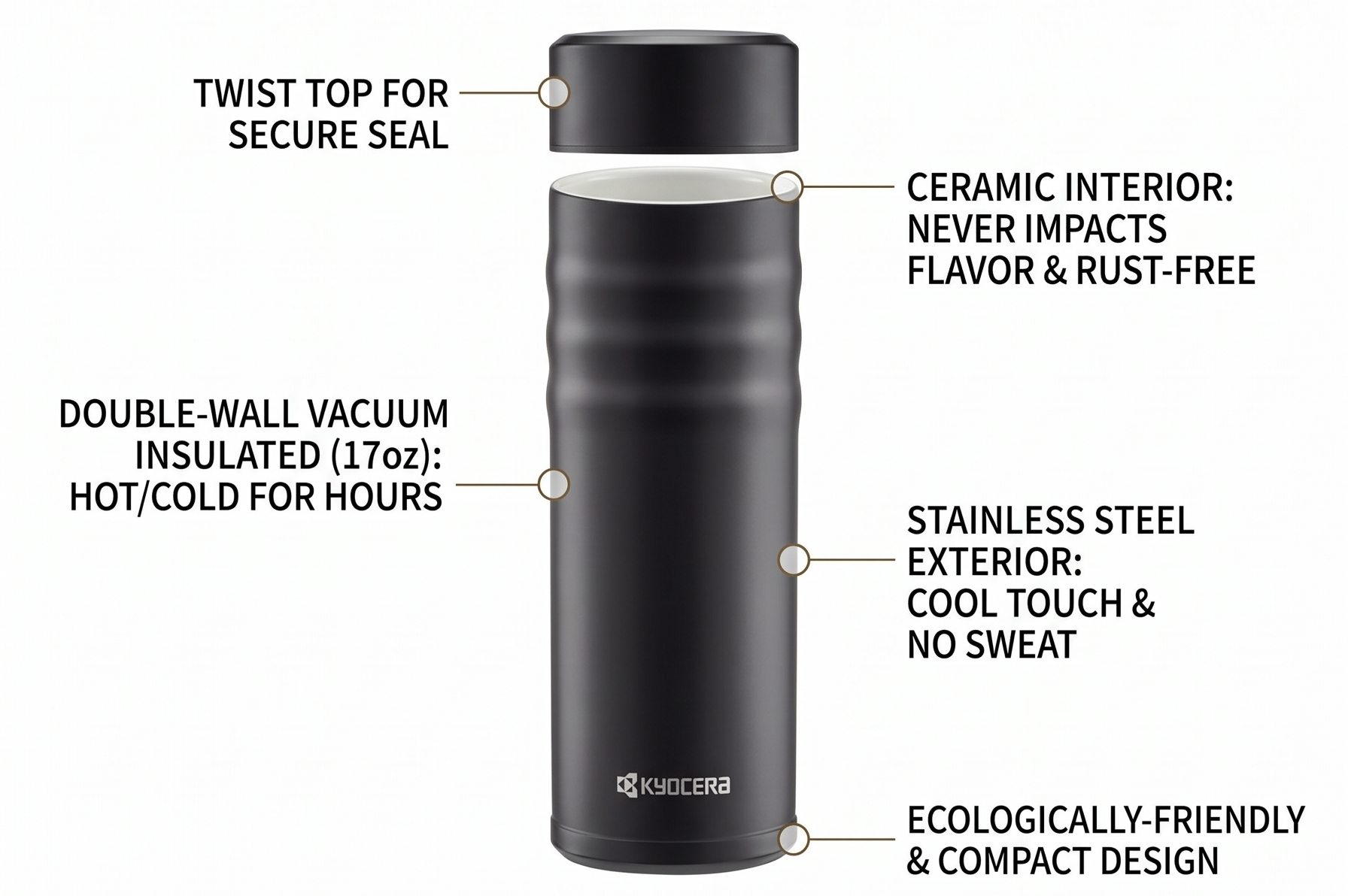Kyocera Travel Mug with Twist Top, 17oz, Jet Black