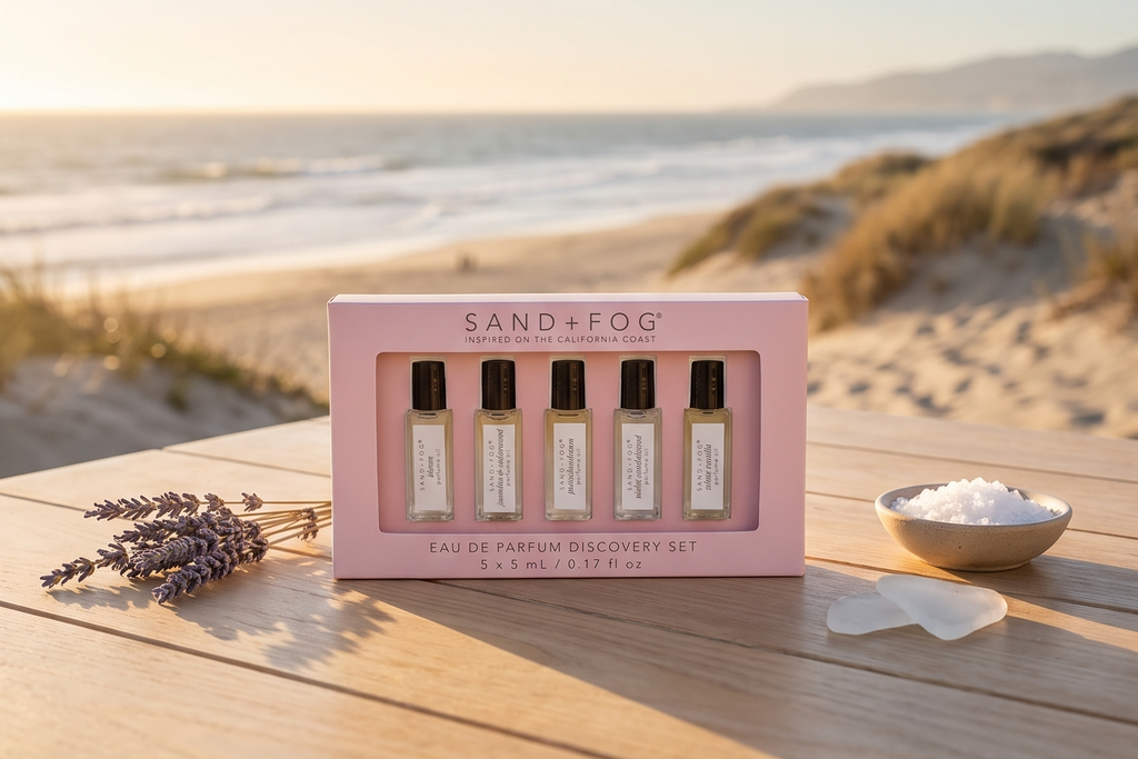 Sand + Fog Perfume Oil California Coast Discovery Set, 5 Fragrances, 0.17 Fl Oz Each Bloom, Jasmine & Cedarwood, Pistachio Dreams, Violet Sandalwood, White Vanilla