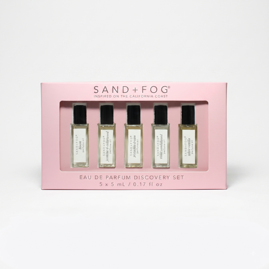 Sand + Fog Perfume Oil California Coast Discovery Set, 5 Fragrances, 0.17 Fl Oz Each Bloom, Jasmine & Cedarwood, Pistachio Dreams, Violet Sandalwood, White Vanilla