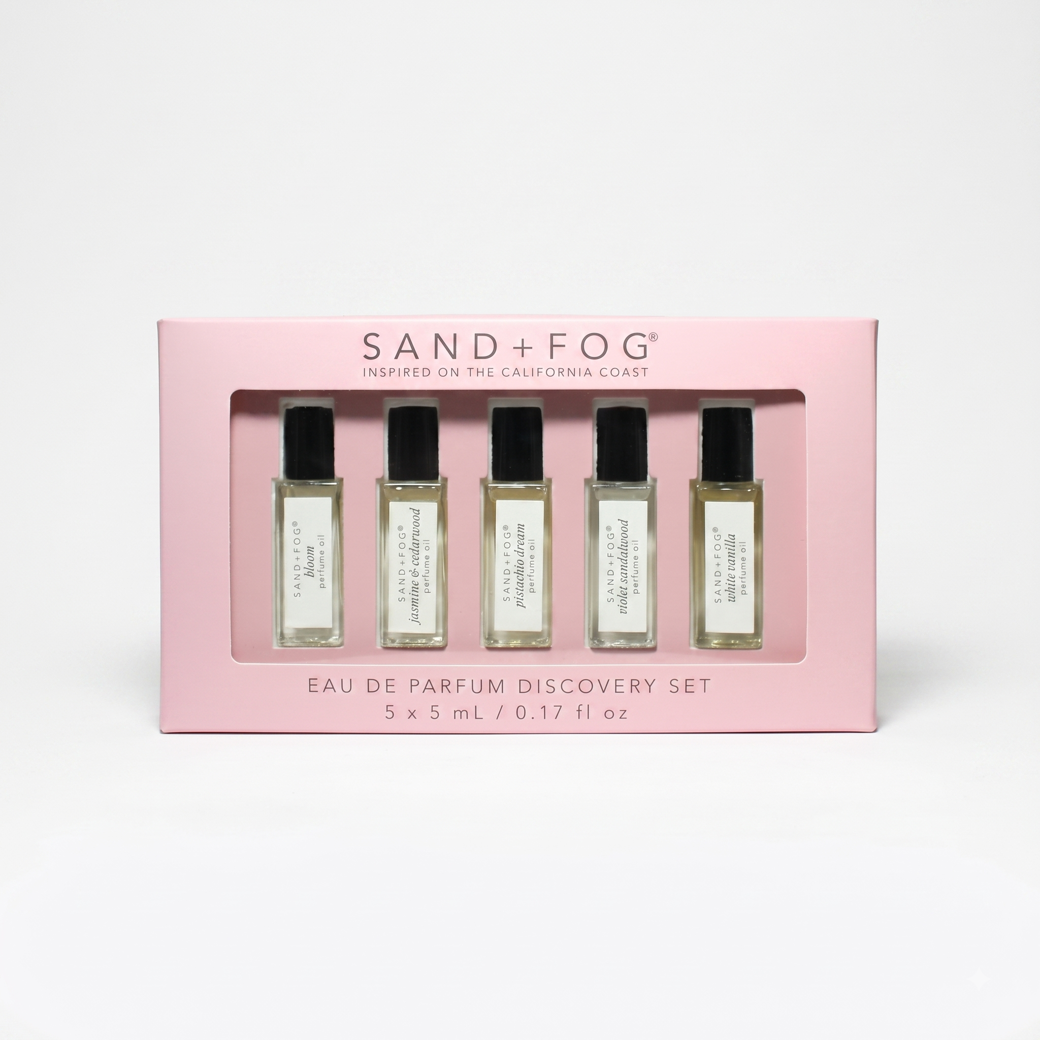 Sand + Fog Perfume Oil California Coast Discovery Set, 5 Fragrances, 0.17 Fl Oz Each Bloom, Jasmine & Cedarwood, Pistachio Dreams, Violet Sandalwood, White Vanilla