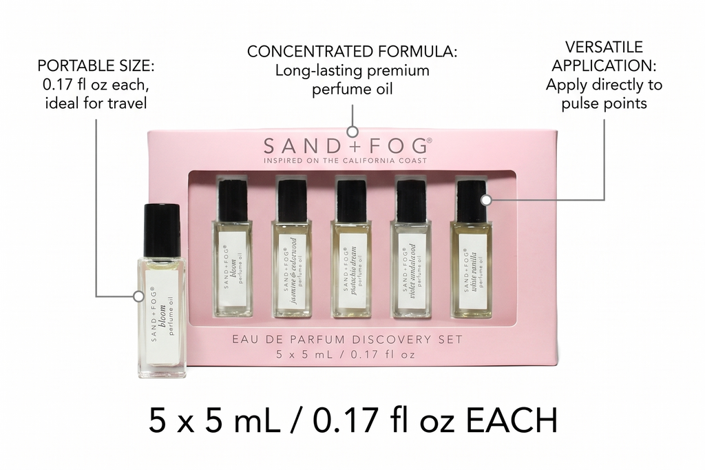 Sand + Fog Perfume Oil California Coast Discovery Set, 5 Fragrances, 0.17 Fl Oz Each Bloom, Jasmine & Cedarwood, Pistachio Dreams, Violet Sandalwood, White Vanilla