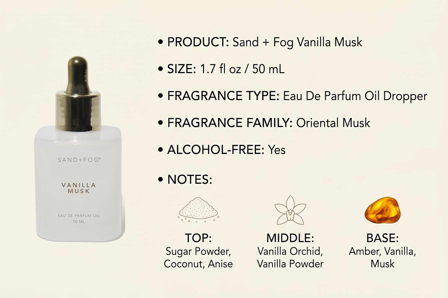 Sand + Fog Vanilla Musk Perfume Eau De Parfum Oil Dropper 1.7 fl oz