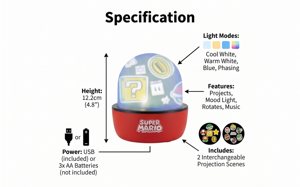 Paladone Super Mario Projection Light - Officially Licensed Nintendo Projector Lamp with Interchangeable Scenes and Mood Lighting, 3 Light Modes, Gaming Room Decor