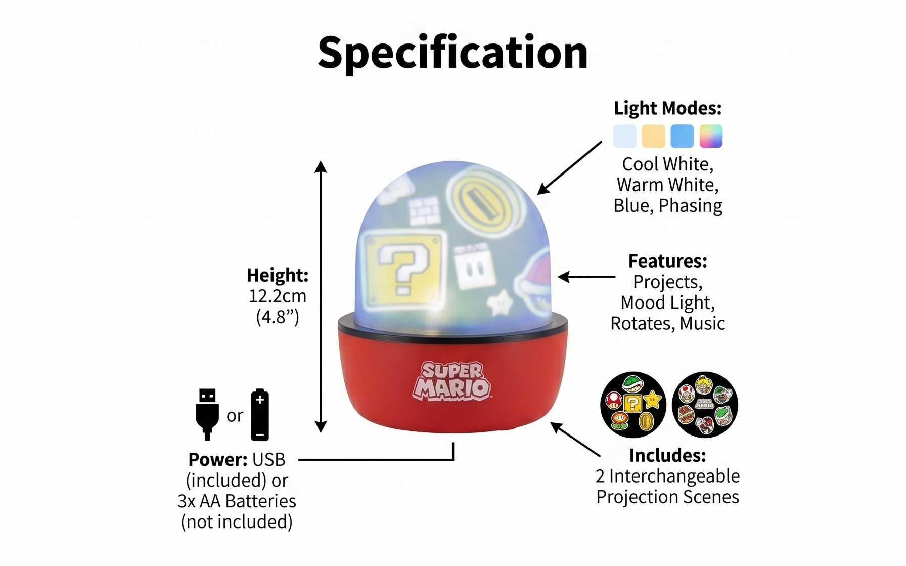 Paladone Super Mario Projection Light - Officially Licensed Nintendo Projector Lamp with Interchangeable Scenes and Mood Lighting, 3 Light Modes, Gaming Room Decor
