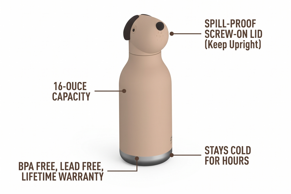 asobu Bestie Water Bottle Cute Collectible Character Leak Proof BPA Free, BEIGE DOG