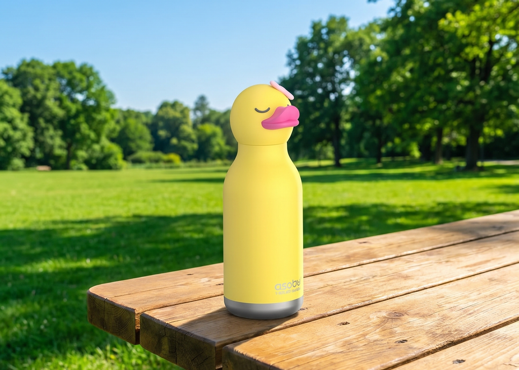 asobu Bestie Bottle Insulated Stainless Steel Water Bottle with Detachable Soft Animal Head Fun Drinking For Kids and Teens with Flexible Reusable Straw 16 Ounce (Duck)