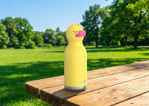 asobu Bestie Bottle Insulated Stainless Steel Water Bottle with Detachable Soft Animal Head Fun Drinking For Kids and Teens with Flexible Reusable Straw 16 Ounce (Duck)