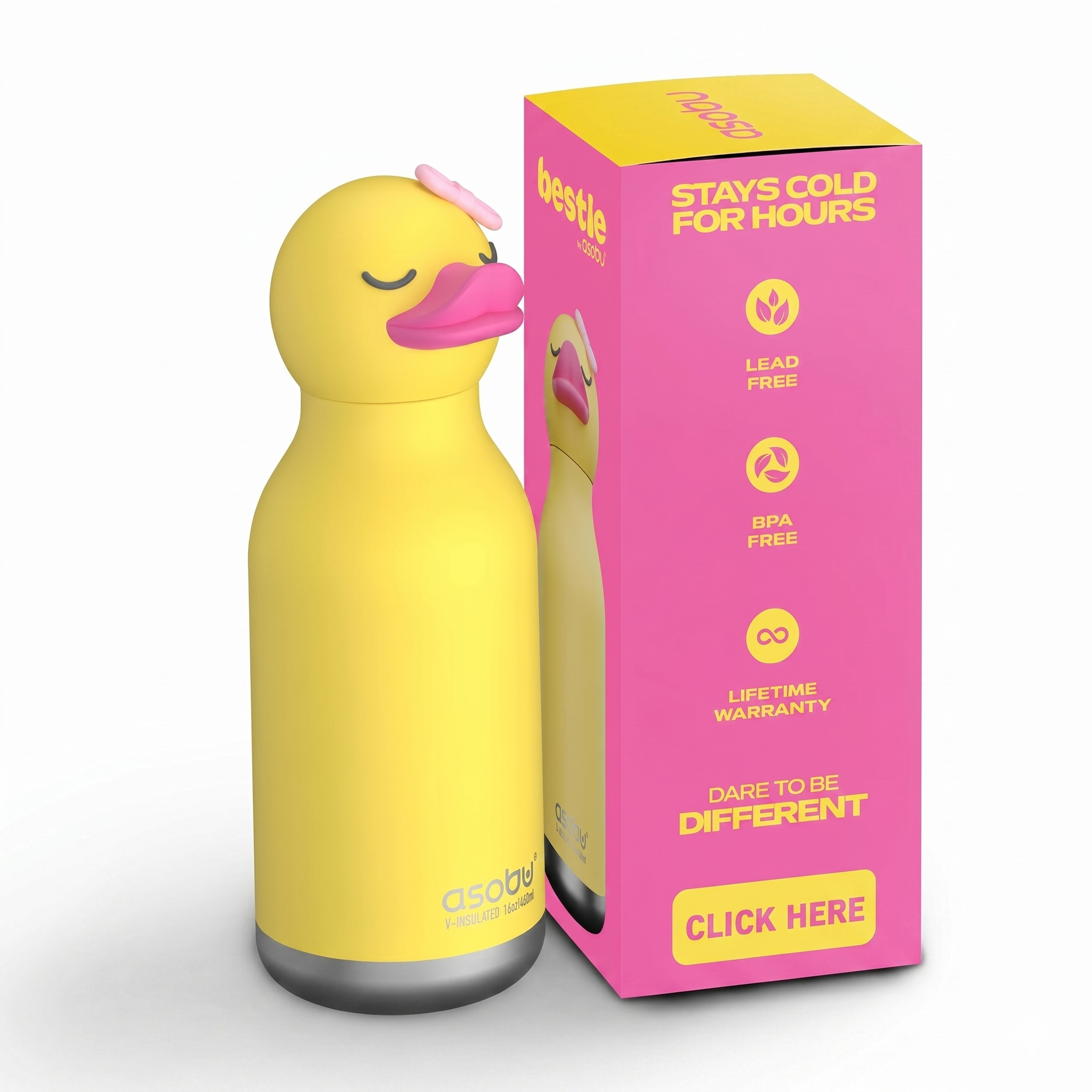 asobu Bestie Bottle Insulated Stainless Steel Water Bottle with Detachable Soft Animal Head Fun Drinking For Kids and Teens with Flexible Reusable Straw 16 Ounce (Duck)