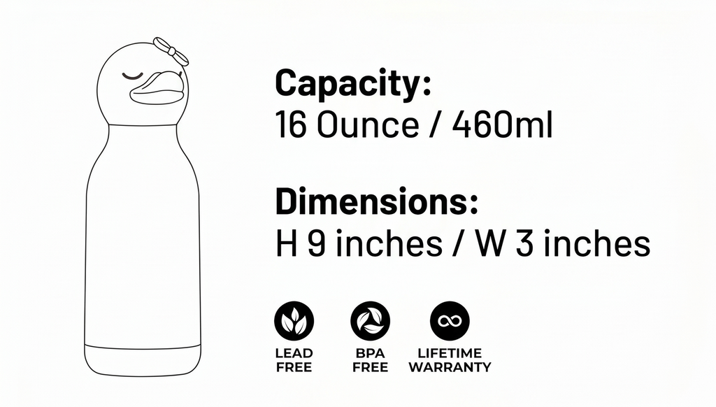 asobu Bestie Bottle Insulated Stainless Steel Water Bottle with Detachable Soft Animal Head Fun Drinking For Kids and Teens with Flexible Reusable Straw 16 Ounce (Duck)