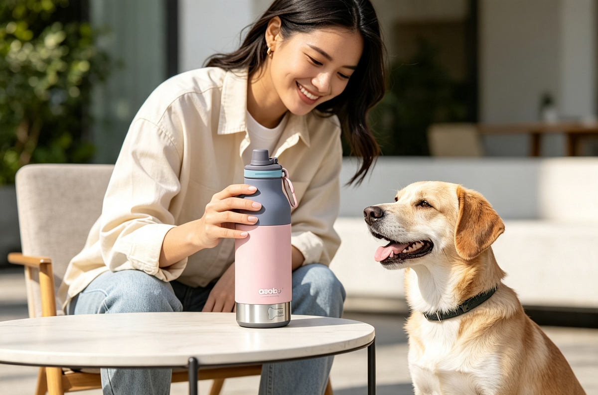 Asobu Buddy Bottle Stainless Steel Insulated Water Bottle for with Removable Dog Water Bowl Dog Food Treat Storage Bowl Pastel Pink 34 Oz