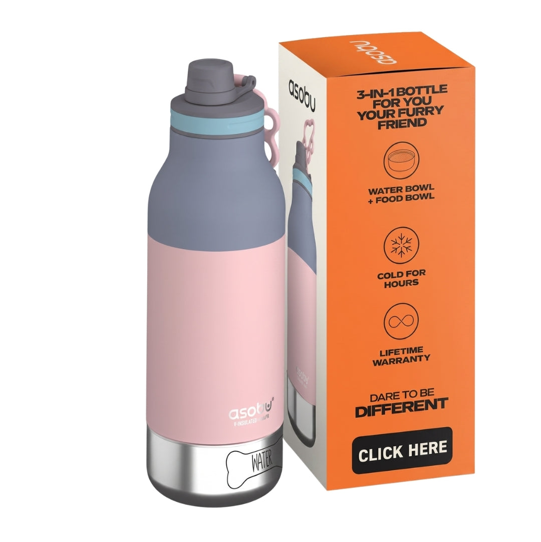 Asobu Buddy Bottle Stainless Steel Insulated Water Bottle for with Removable Dog Water Bowl Dog Food Treat Storage Bowl Pastel Pink 34 Oz