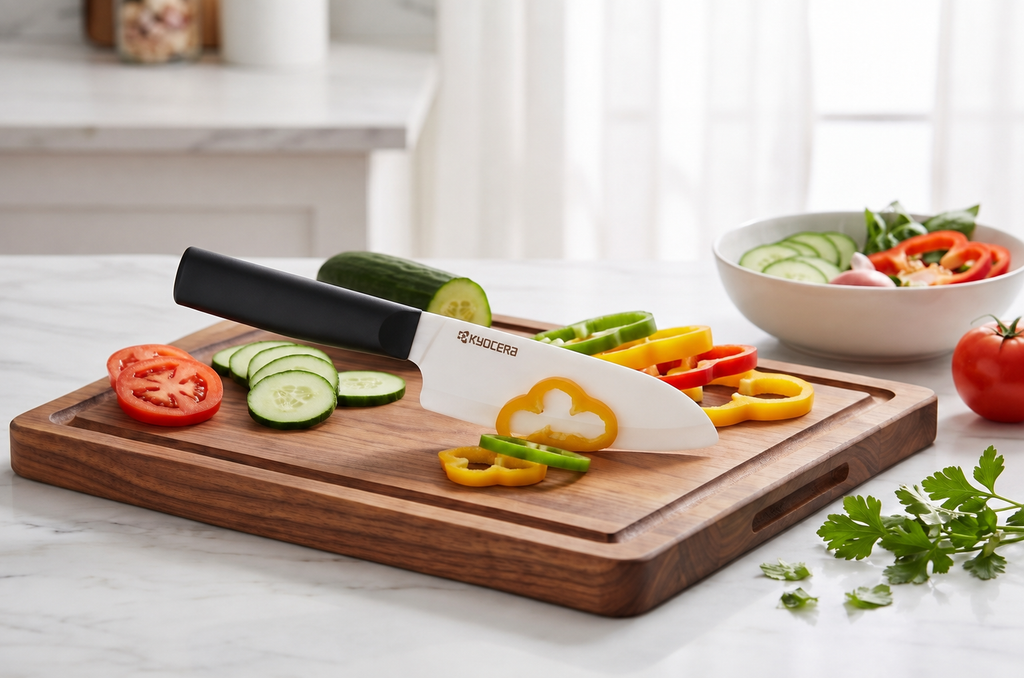 Kyocera INNOVATIONwhite 5.5" Ceramic Santoku Knife - White Z212 Blade with Non-Slip Black Handle