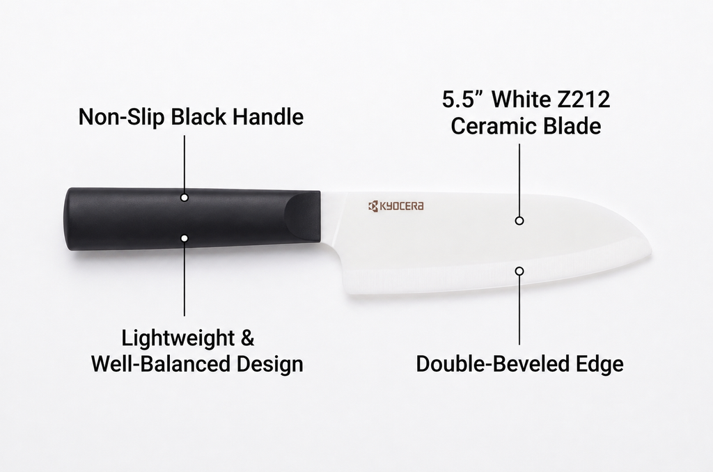 Kyocera INNOVATIONwhite 5.5" Ceramic Santoku Knife - White Z212 Blade with Non-Slip Black Handle